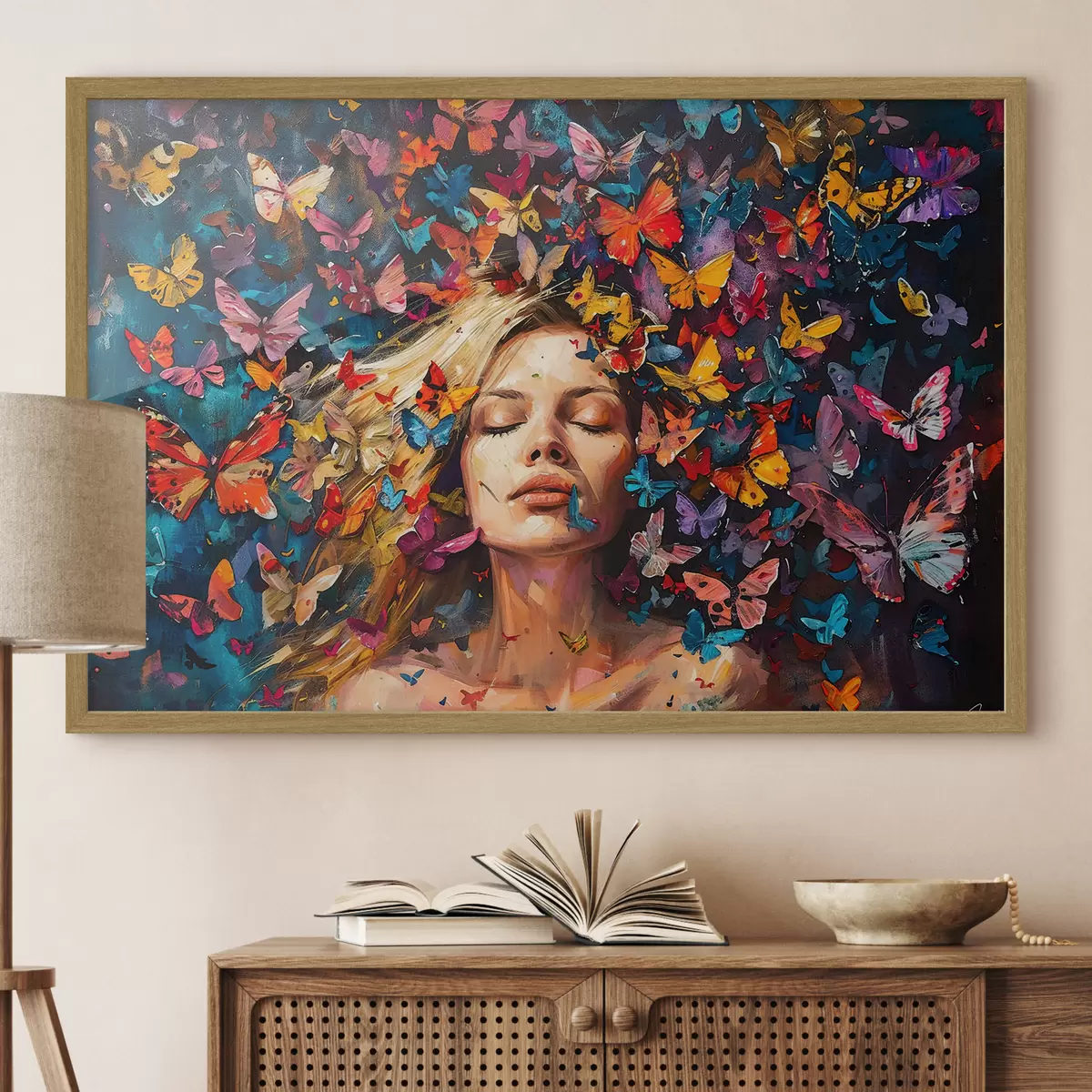 Poster Peinture à l'huile d'une jeune femme entourée d'un essaim de papillons colorés sur fond sombre f38972
