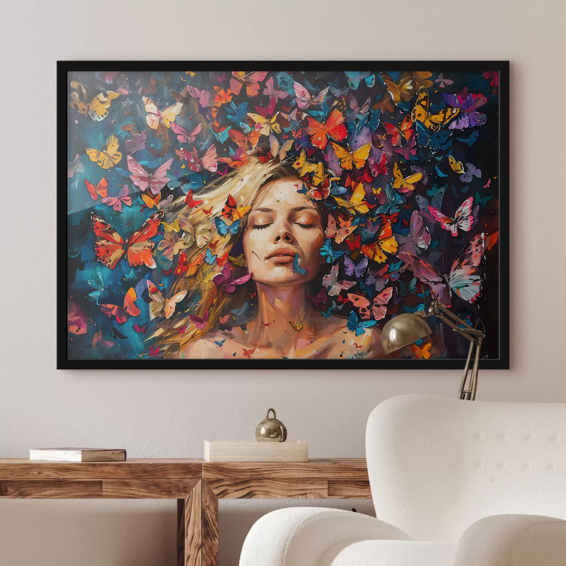 Papier peint Peinture à l'huile d'une jeune femme entourée d'un essaim de papillons colorés sur fond sombre f38972