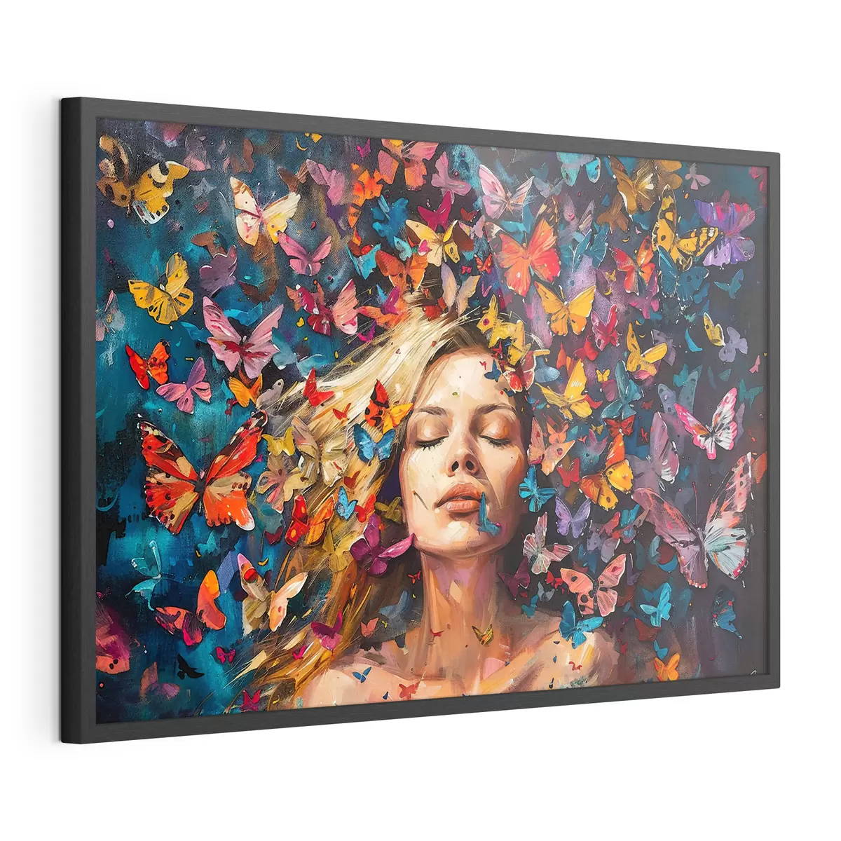 Poster Peinture à l'huile d'une jeune femme entourée d'un essaim de papillons colorés sur fond sombre f38972