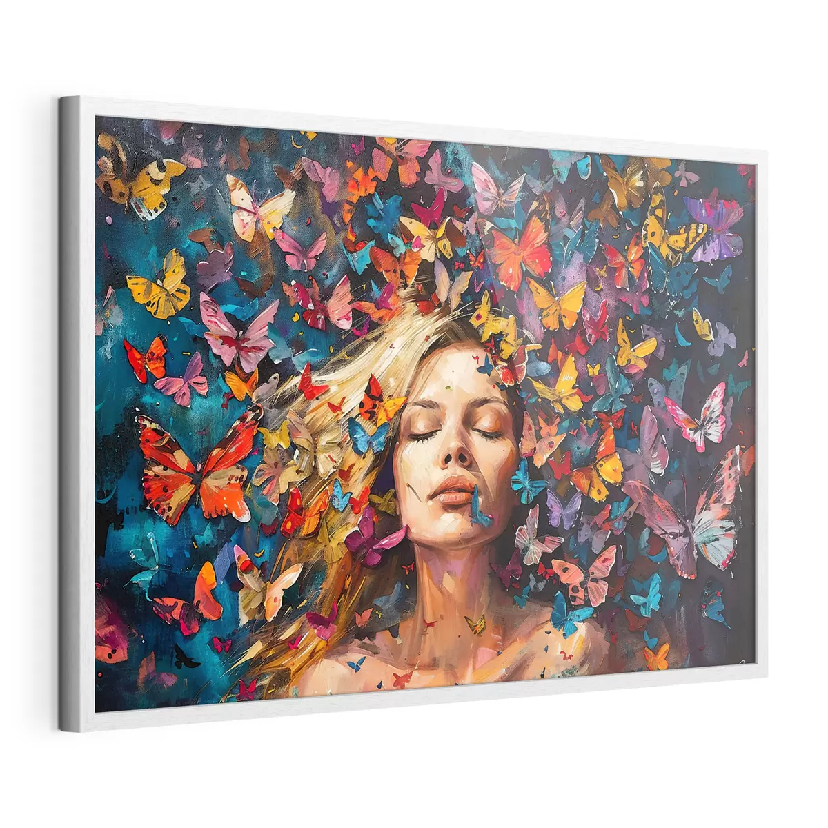 Poster Peinture à l'huile d'une jeune femme entourée d'un essaim de papillons colorés sur fond sombre f38972