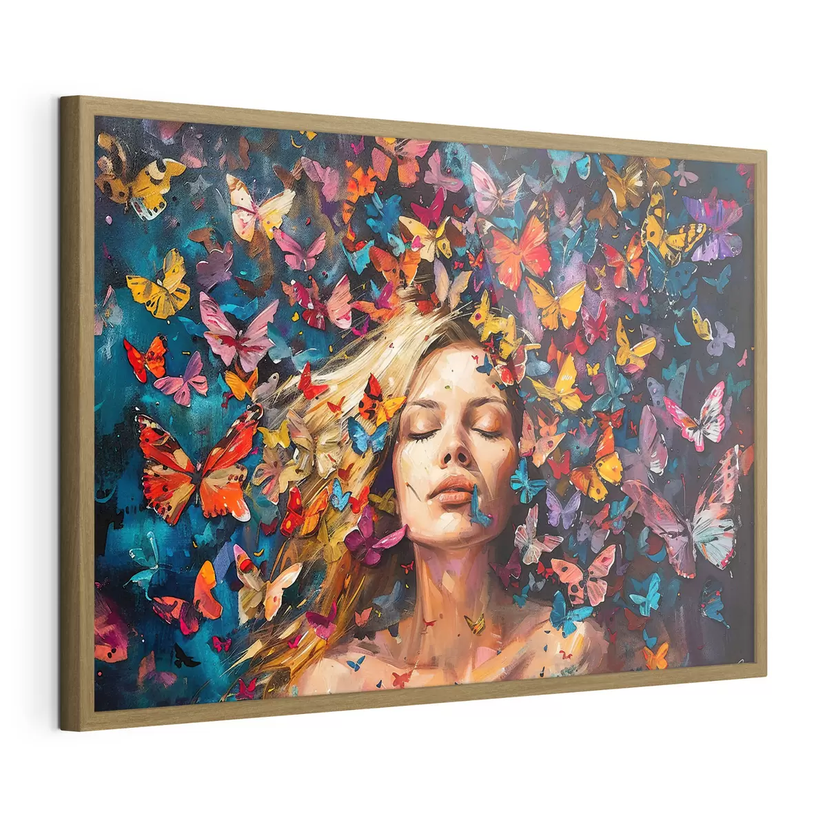 Poster Peinture à l'huile d'une jeune femme entourée d'un essaim de papillons colorés sur fond sombre f38972