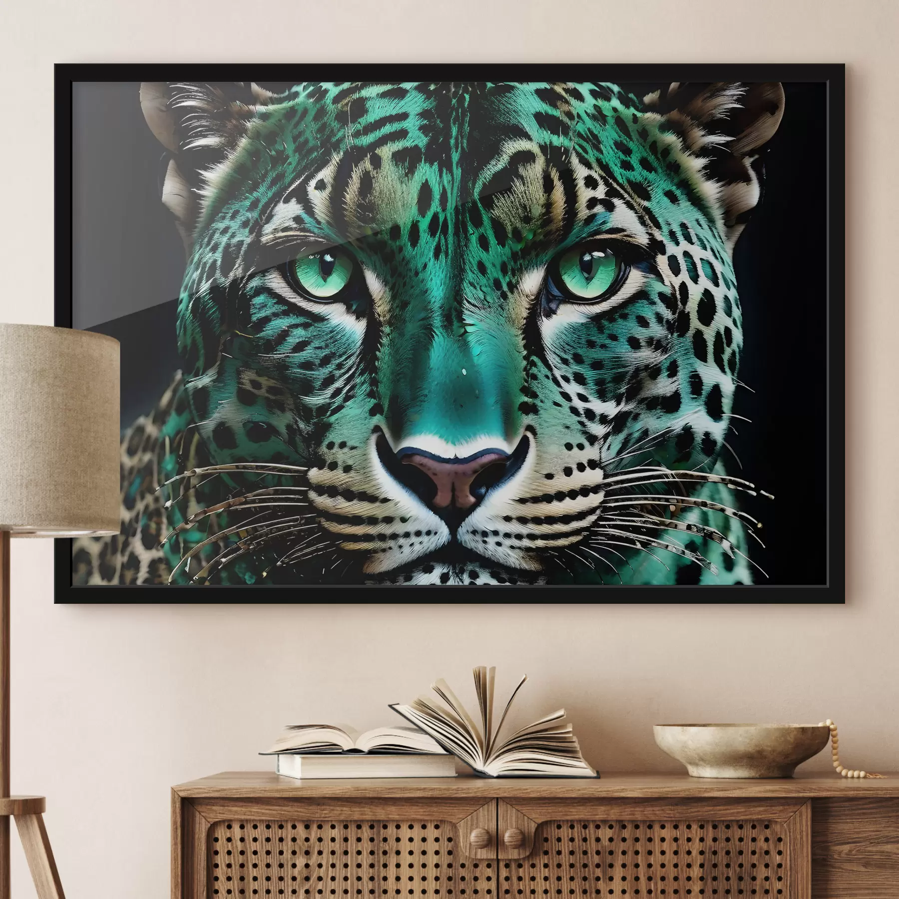 Tableau Un portrait en gros plan d'un féroce léopard aux yeux verts avec une fourrure tachetée de turquoise et de noir éclatant f38979