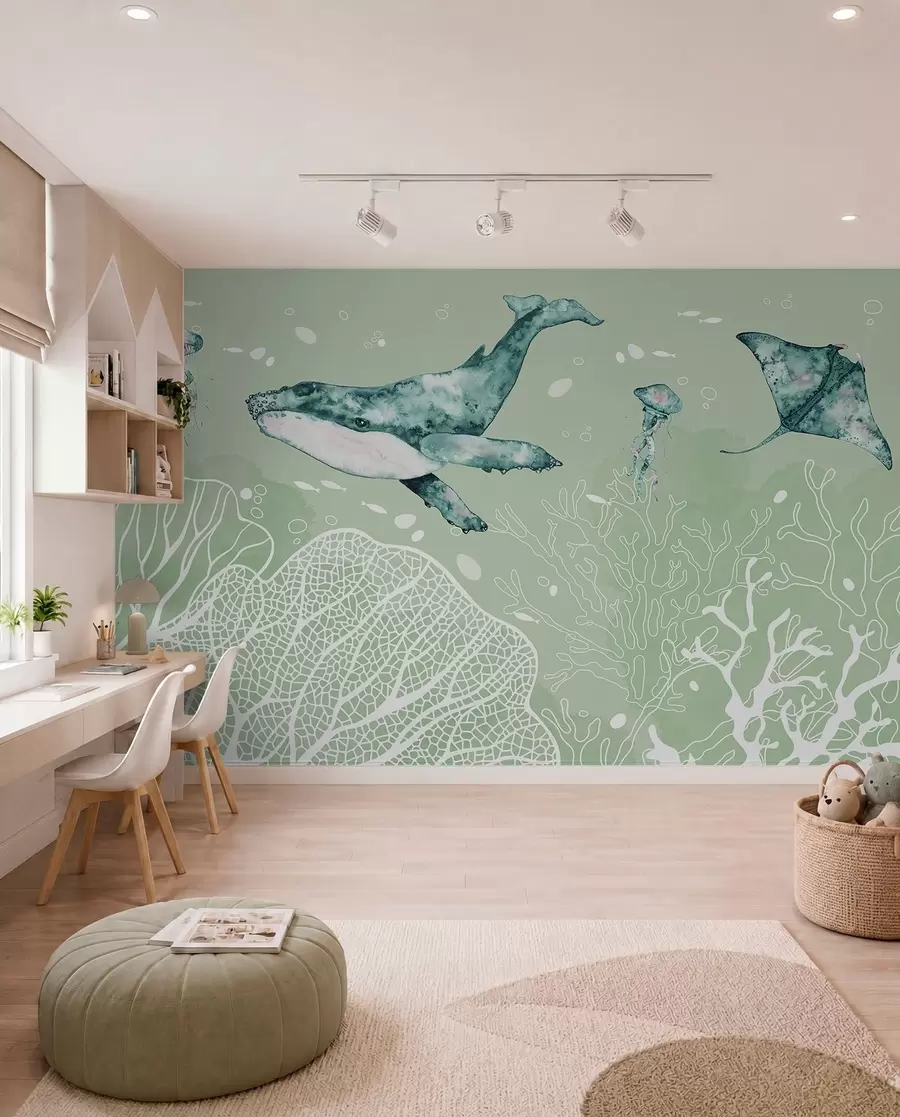 Papier peint Baleine dans la mer, aquarelle, coraux, méduses, vie marine, couleurs vertes w00848v3
