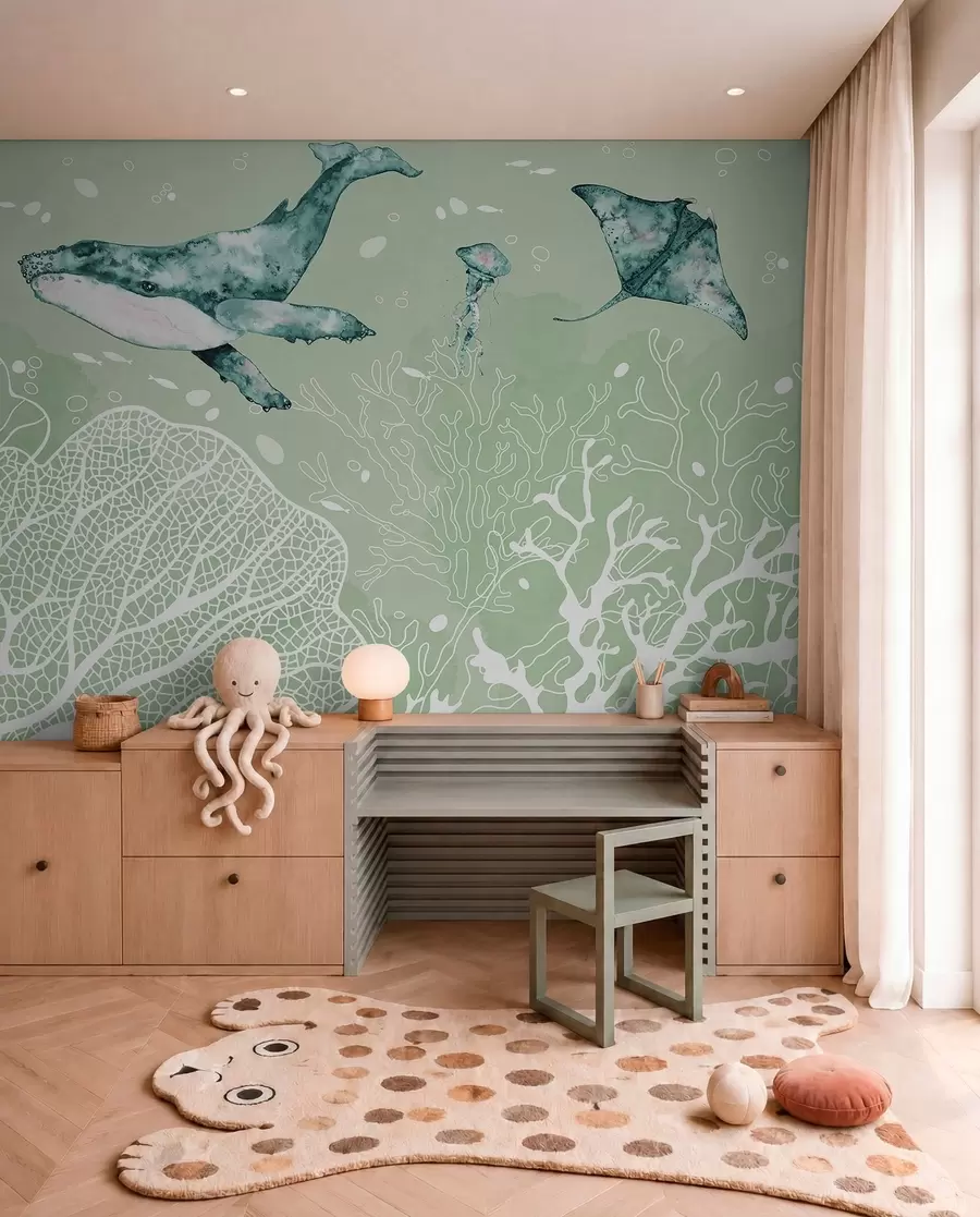 Papier peint Baleine dans la mer, aquarelle, coraux, méduses, vie marine, couleurs vertes w00848v3