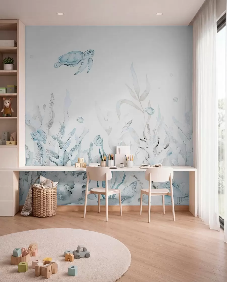 Papier peint Coraux de mer aquarelle, coquillages, tortues, vie marine, couleurs bleues douces w00849
