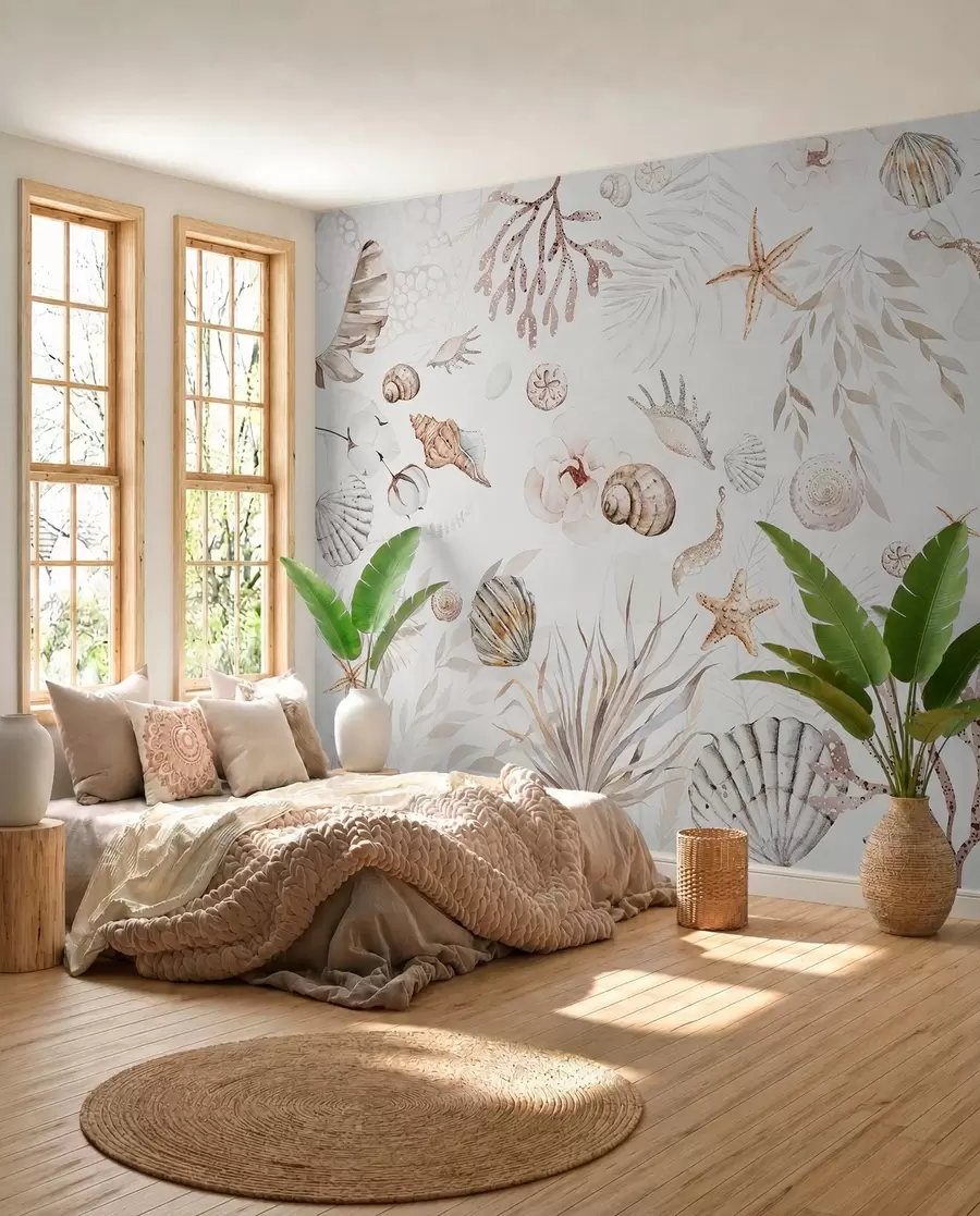 Papier peint Motif marin aquarelle, style bohème, coquillages, coraux, coton, coloris beige w00851