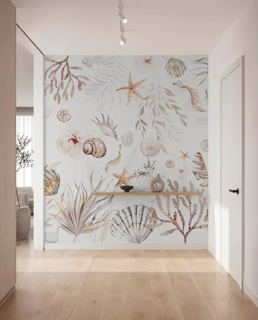 Papier peint Motif marin aquarelle, style bohème, coquillages, coraux, coton, coloris beige w00851