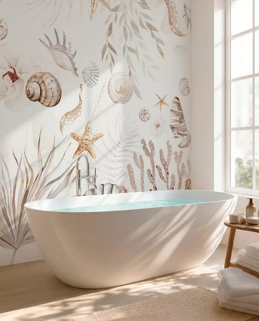 Papier peint Motif marin aquarelle, style bohème, coquillages, coraux, coton, coloris beige w00851