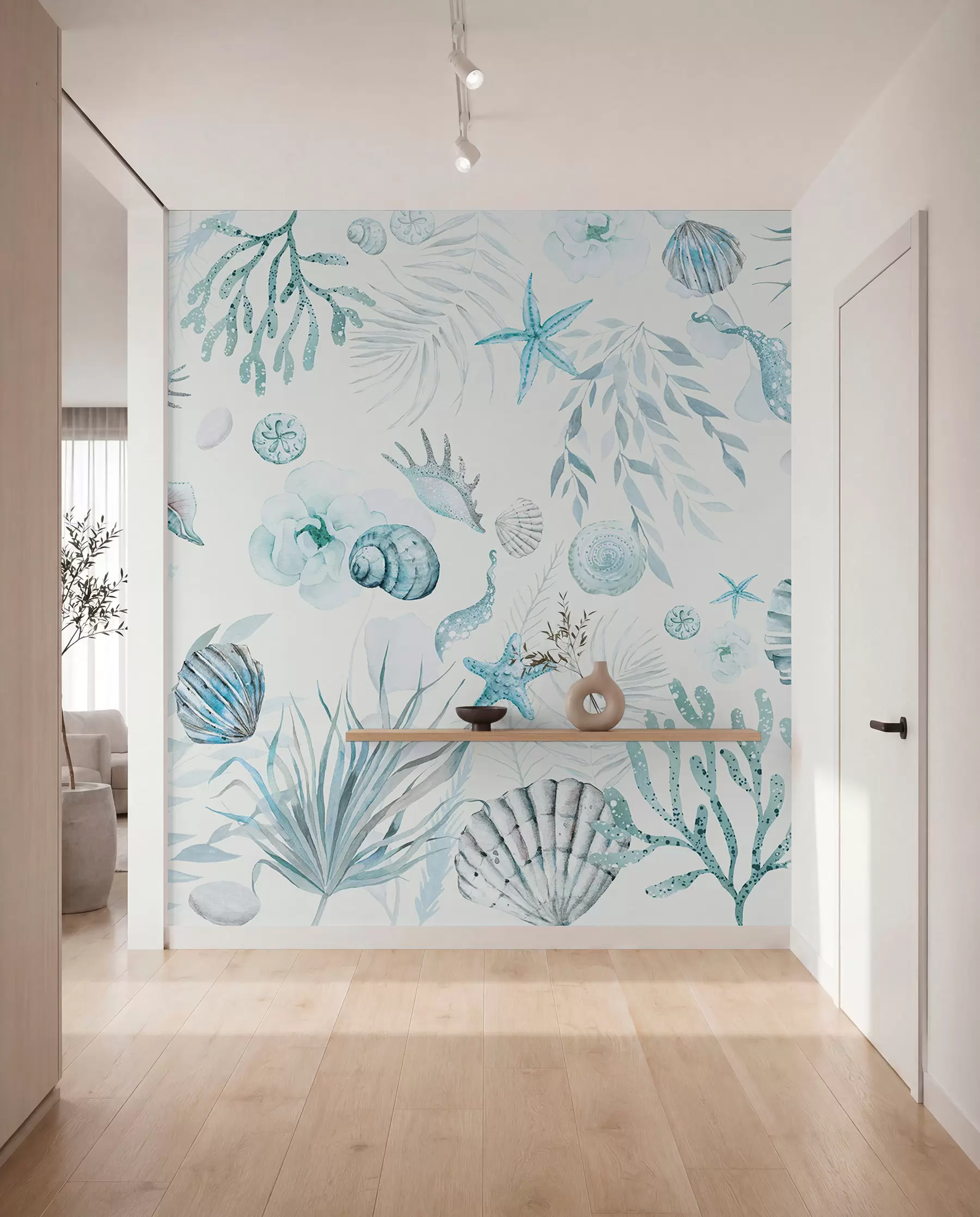 Papier peint Motif marin aquarelle, style bohème, coquillages, coraux, coton, coloris bleus w00851v1