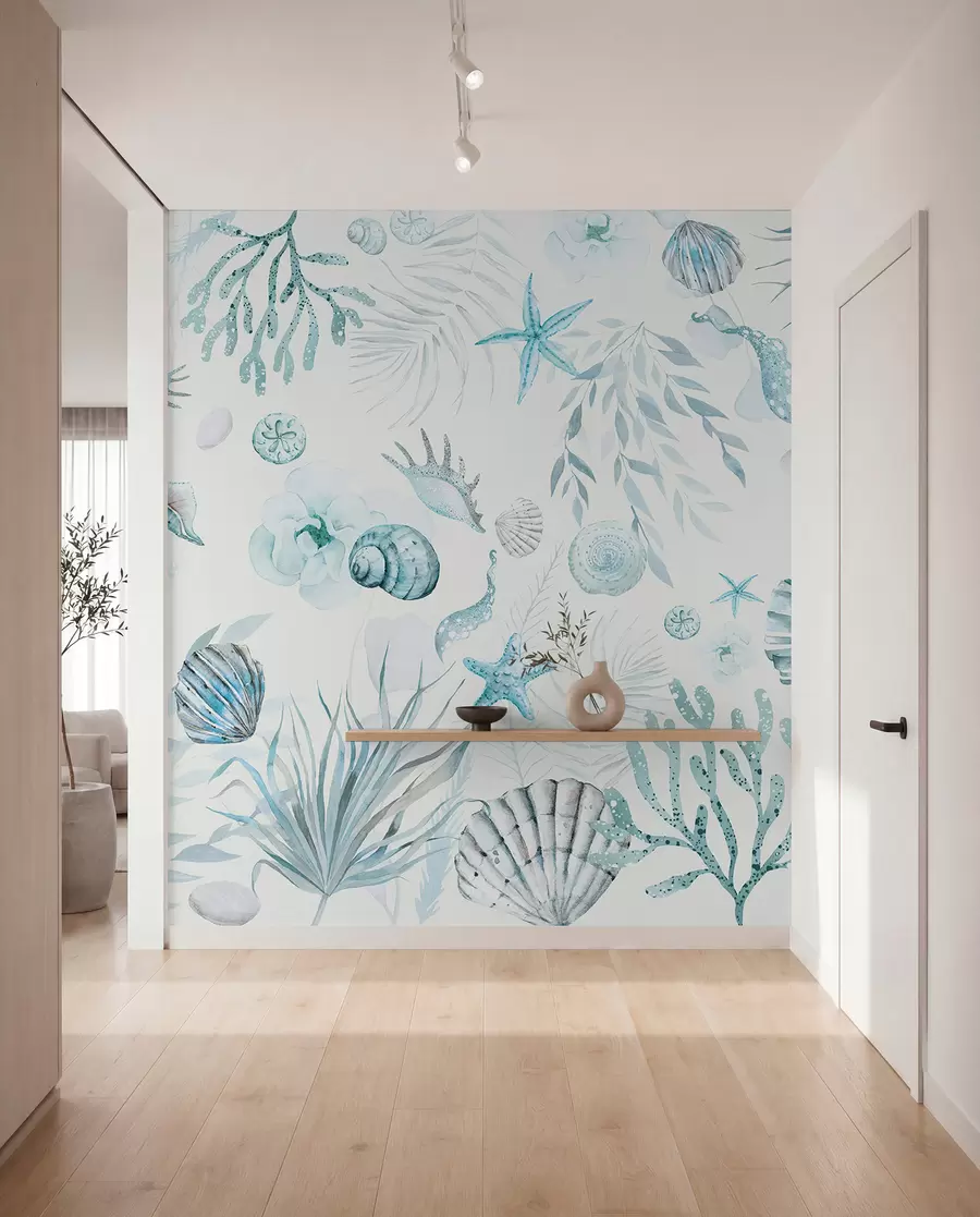 Papier peint Motif marin aquarelle, style bohème, coquillages, coraux, coton, coloris bleus w00851v1