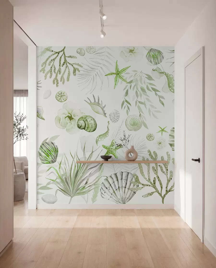 Papier peint Motif marin aquarelle, style bohème, coquillages, coraux, coton, couleurs vertes w00851v2