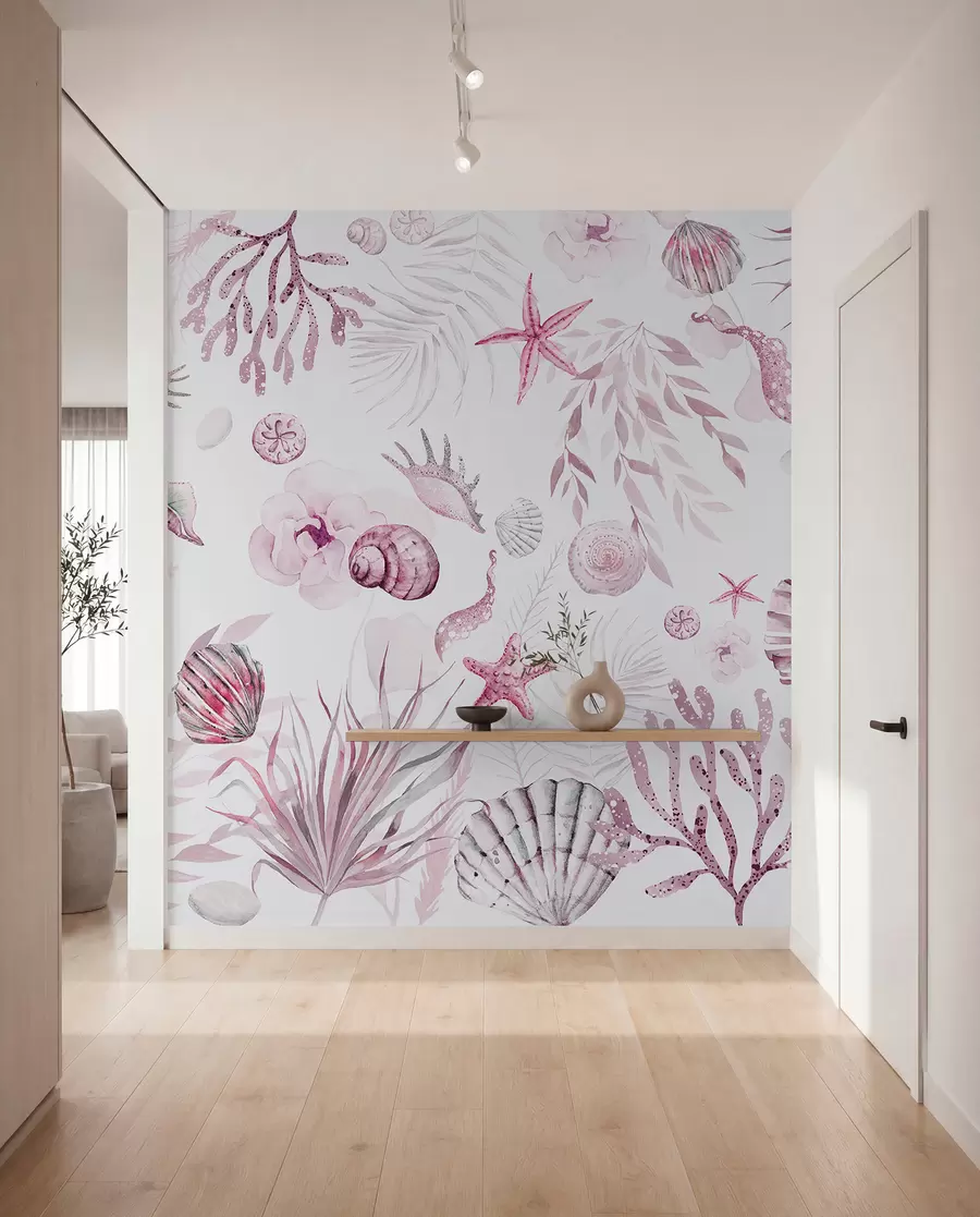 Papier peint Motif marin aquarelle, style bohème, coquillages, coraux, coton, couleurs roses w00851v3