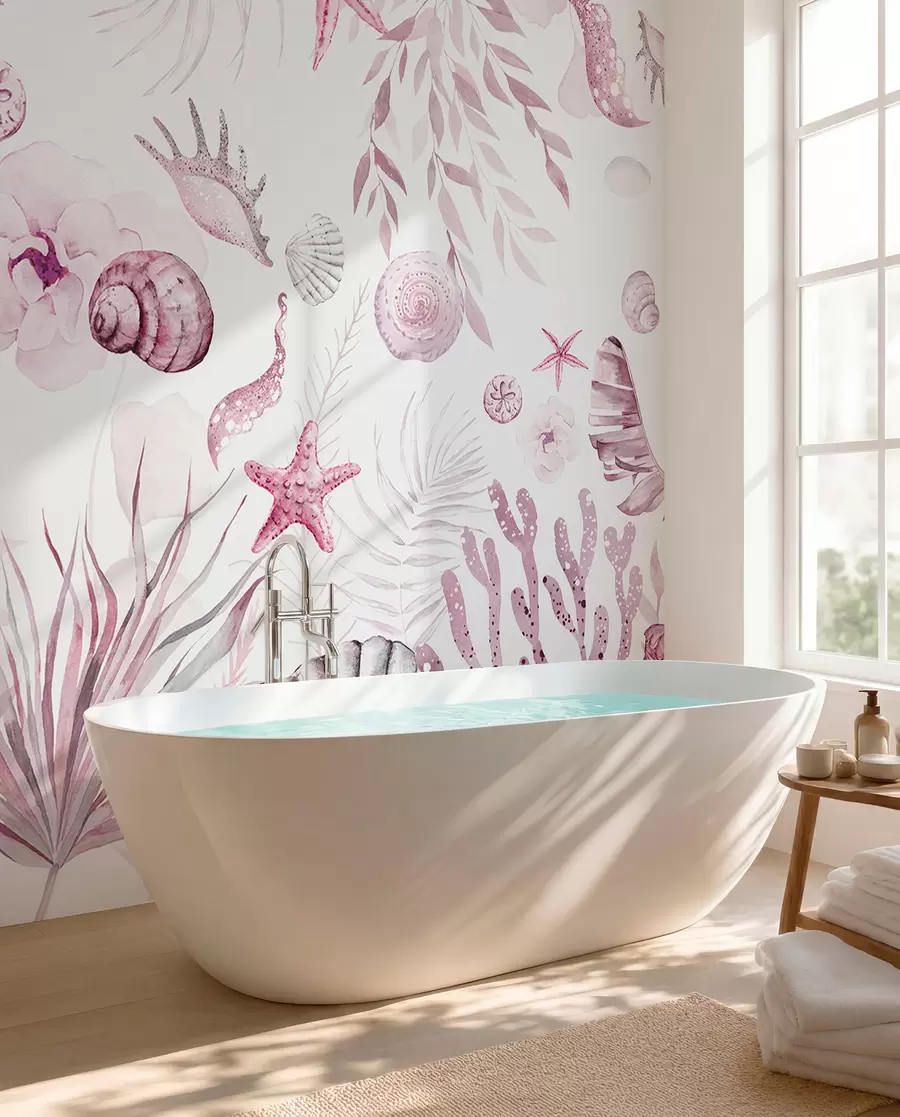 Papier peint Motif marin aquarelle, style bohème, coquillages, coraux, coton, couleurs roses w00851v3