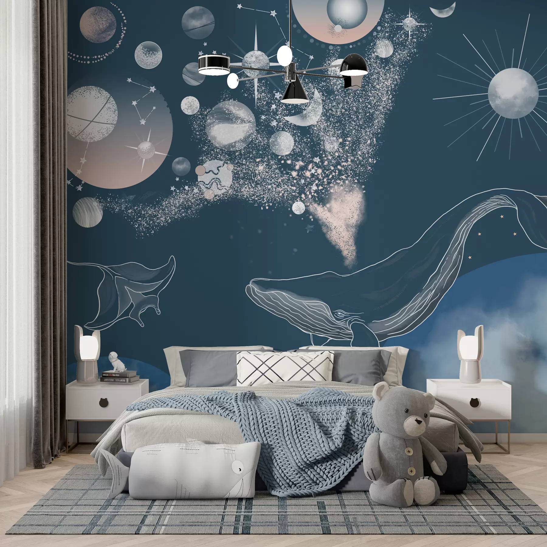 Papier peint Papier peint spatial avec baleine, raie pastenague, soleil, planètes et étoiles en bleu w00868v2