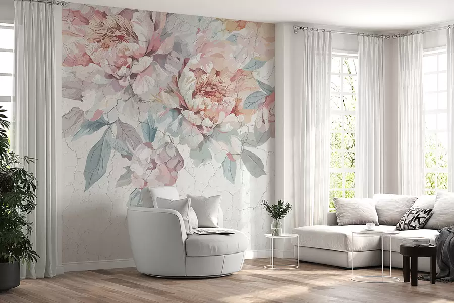 Papier peint Un bouquet de grandes fleurs de pivoine rose pastel et blanches avec des feuilles vertes sur fond clair w00896