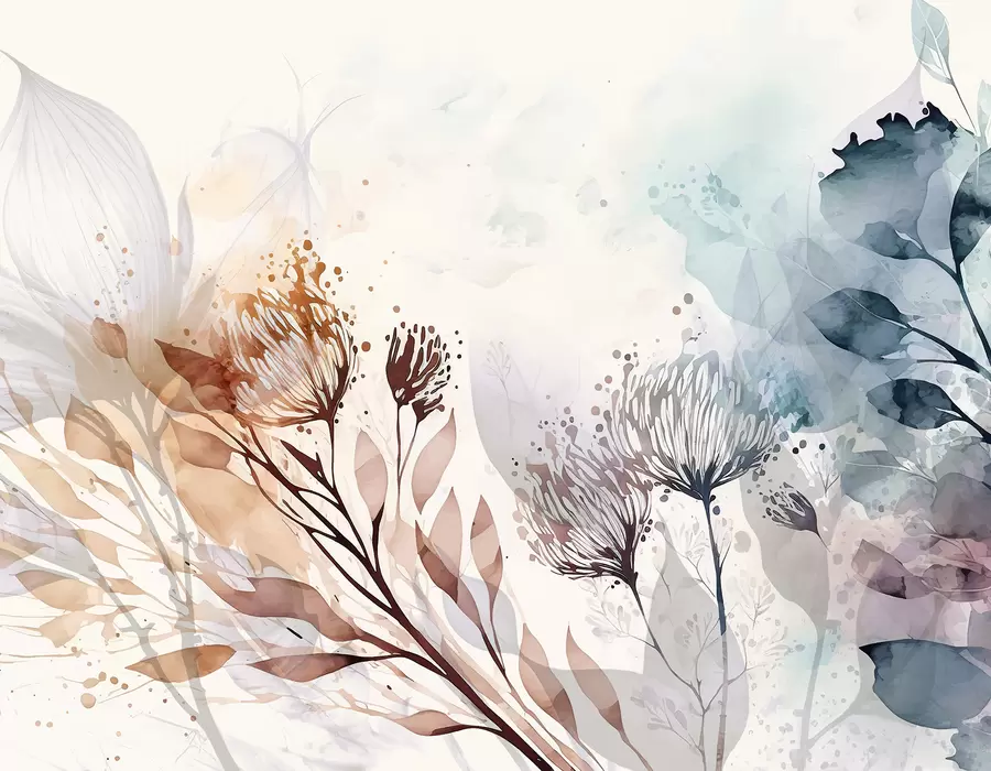 Papier peint Résumé floral délicat, fleurs stylisées et éléments de formes végétales dans des tons atténués et terreux, aquarelle w00898