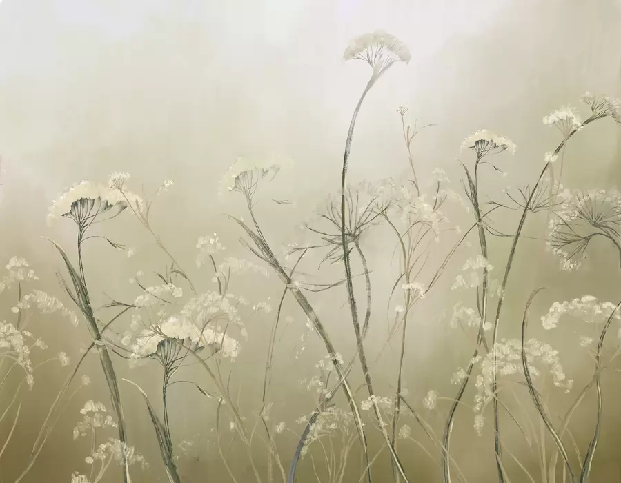 Papier peint Fleurs sauvages blanches dans un champ brumeux avec un fond sépia doux et flou w00903v1