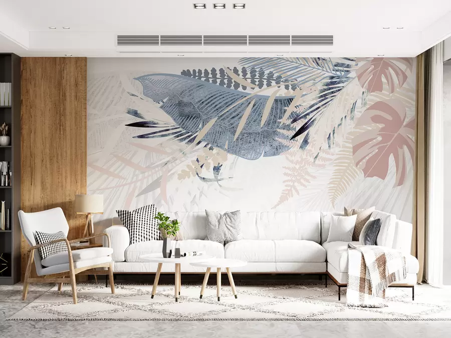 Papier peint Motif de feuilles de palmier texturées tropicales au design botanique moderne avec diverses nuances de bleu, de gris et de rose w00908