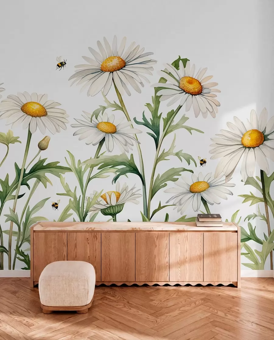 Papier peint Marguerites blanches en fleurs, abeilles volant illustration de plante aquarelle, couleur verte, blanche, jaune w01176