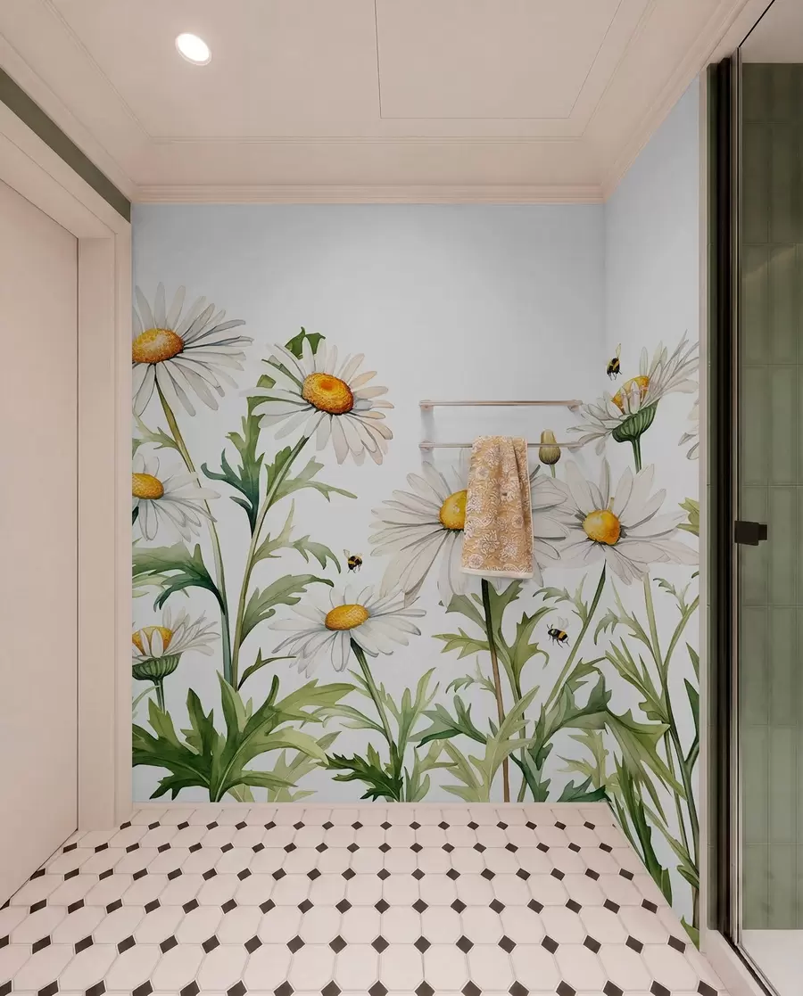 Papier peint Marguerites blanches en fleurs, abeilles volant illustration de plante aquarelle, couleur verte, blanche, jaune w01176
