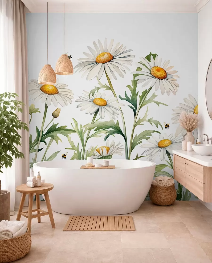 Papier peint Marguerites blanches en fleurs, abeilles volant illustration de plante aquarelle, couleur verte, blanche, jaune w01176