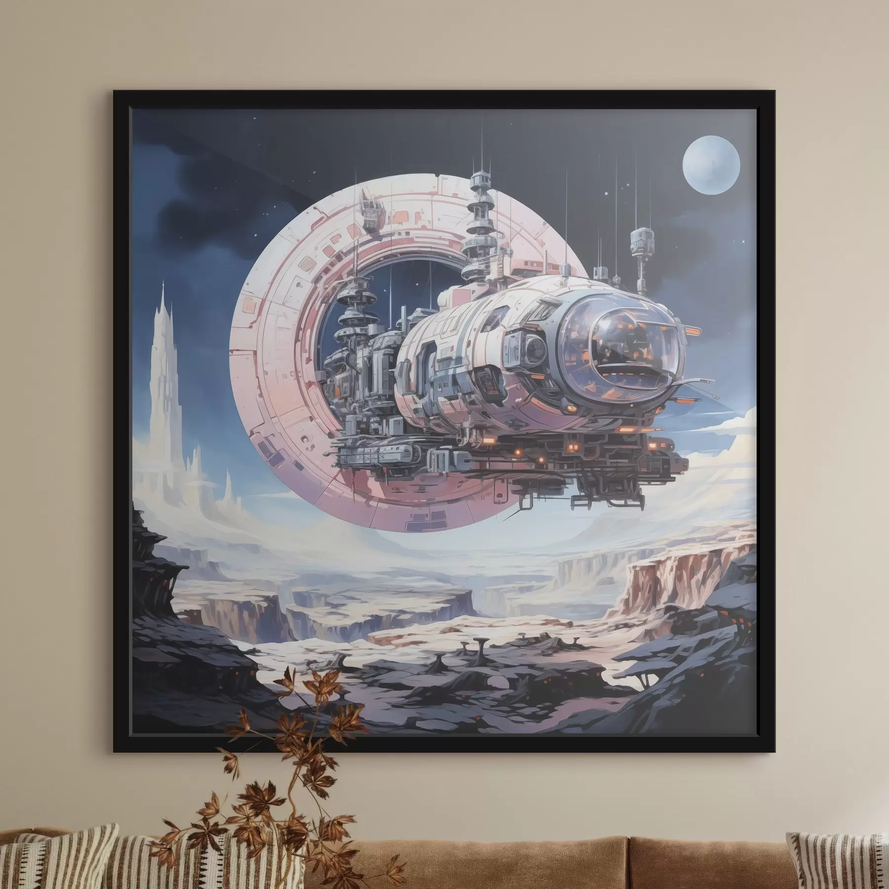 Papier peint Un vaisseau spatial de style cyberpunk vole dans l'espace au-dessus d'un astéroïde et d'une planète, couleurs bleu, beige, rose et blanc f39115
