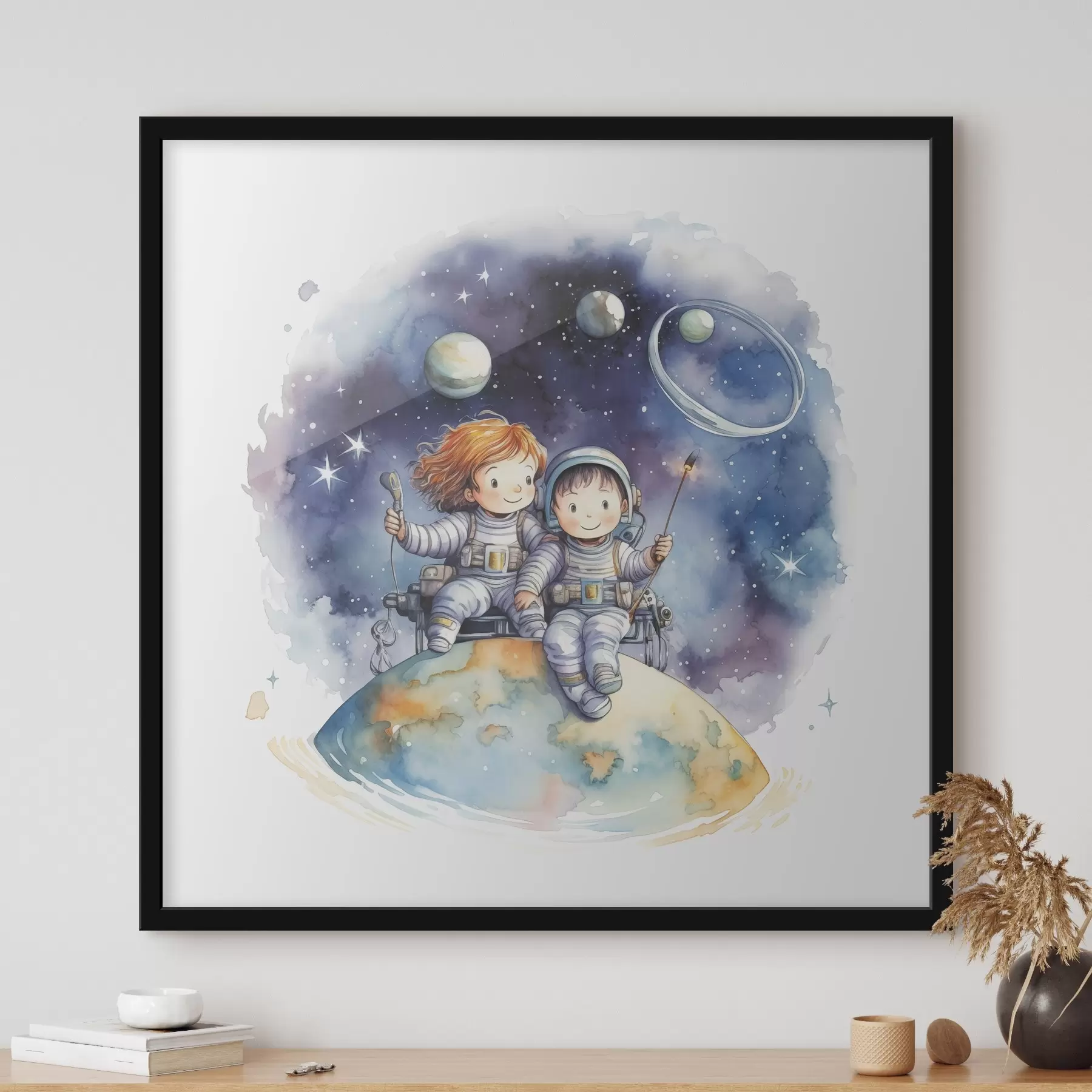 Papier peint Des enfants en combinaison spatiale assis sur une planète dans l'espace illustration aquarelle pour enfants f39117
