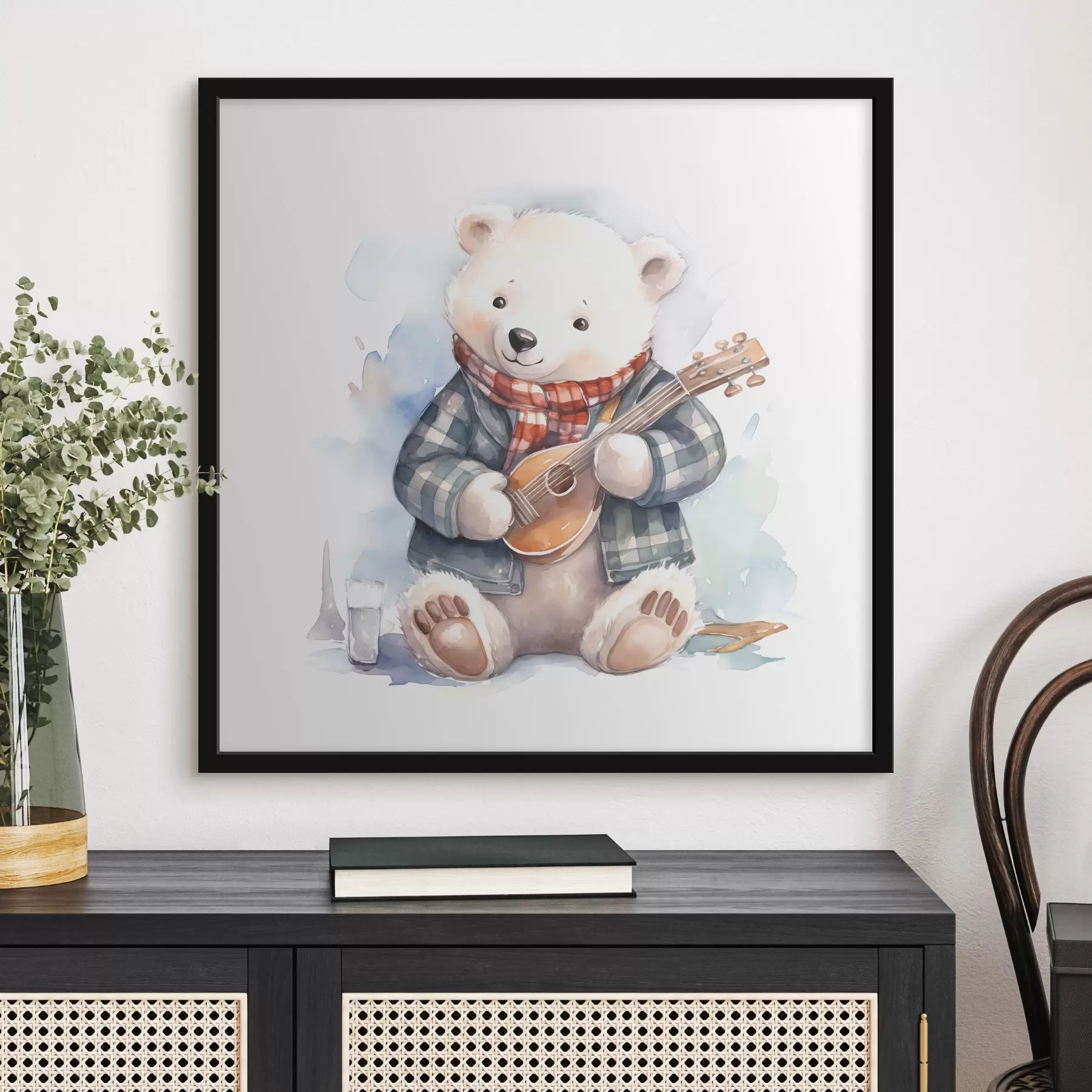 Papier peint L'ours polaire musicien en costume bleu à carreaux et écharpe rouge joue de la guitare illustration aquarelle pour enfants f39120