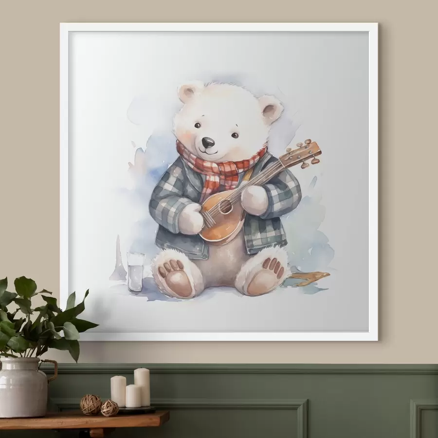 Papier peint L'ours polaire musicien en costume bleu à carreaux et écharpe rouge joue de la guitare illustration aquarelle pour enfants f39120
