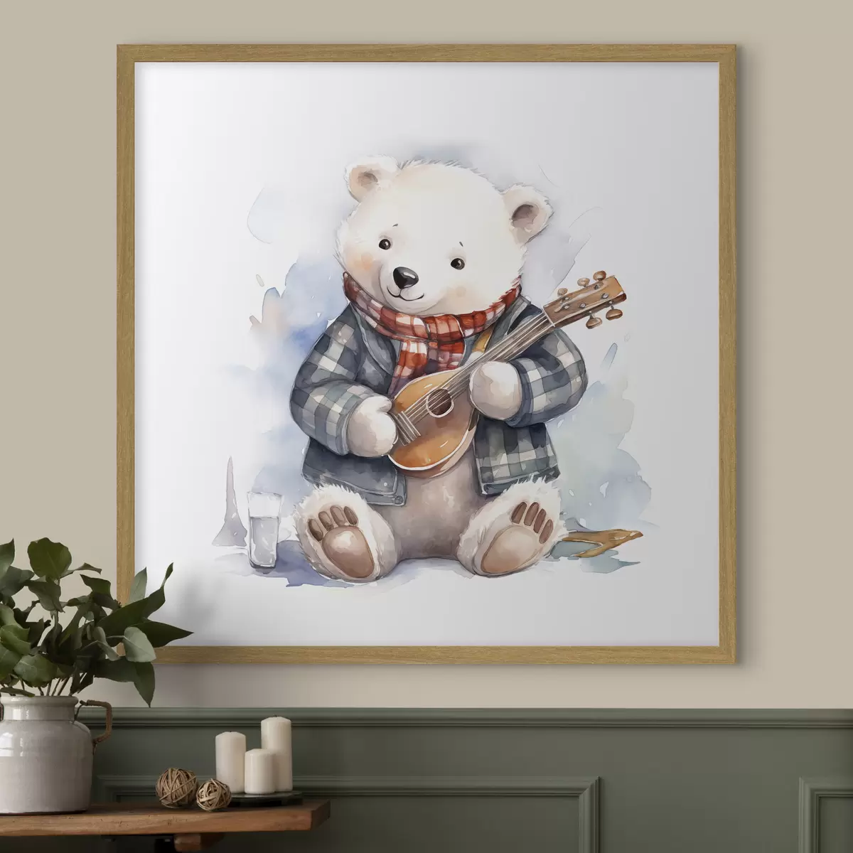 Poster L'ours polaire musicien en costume bleu à carreaux et écharpe rouge joue de la guitare illustration aquarelle pour enfants f39120