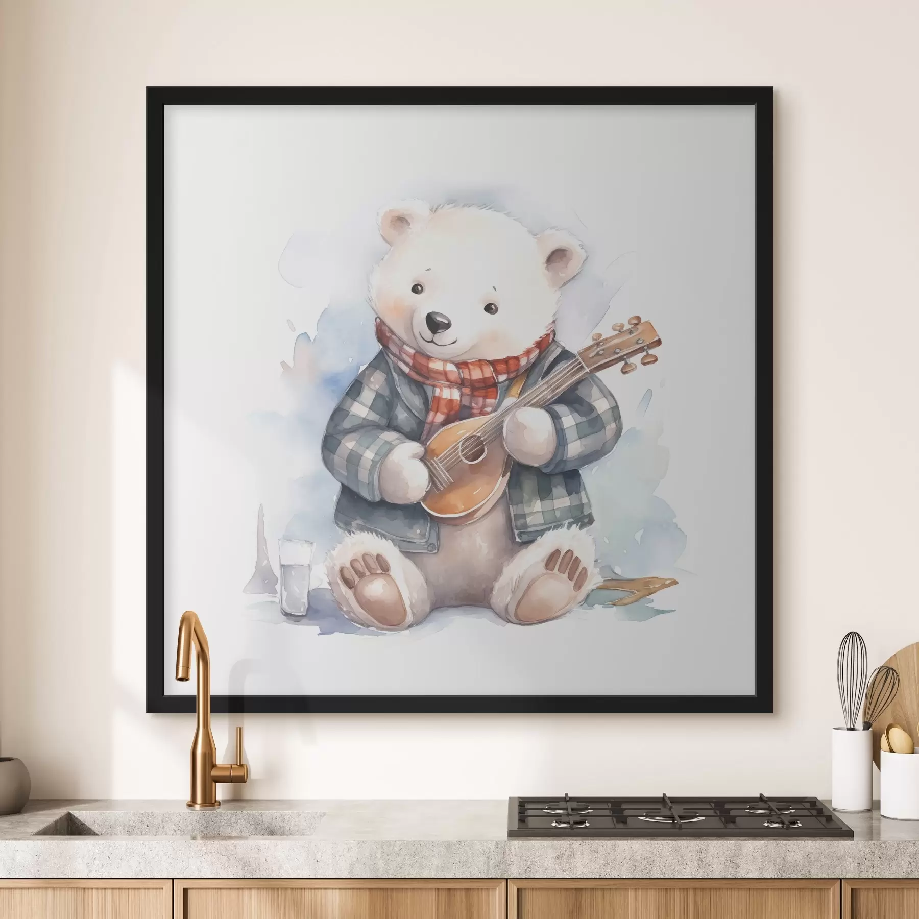 Papier peint L'ours polaire musicien en costume bleu à carreaux et écharpe rouge joue de la guitare illustration aquarelle pour enfants f39120