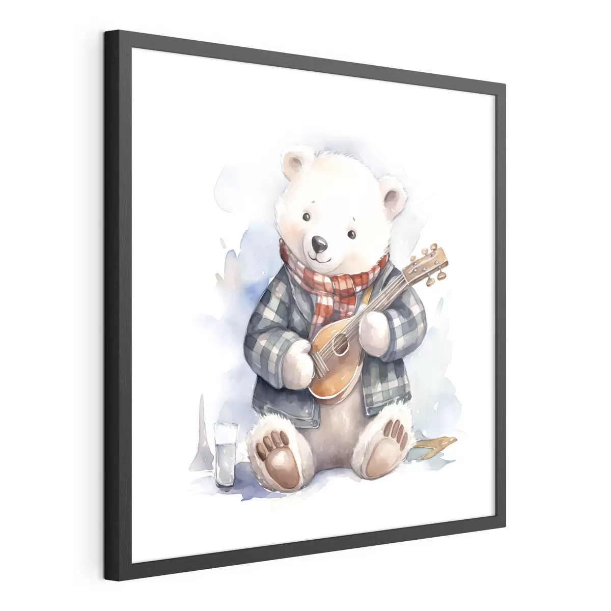 Poster L'ours polaire musicien en costume bleu à carreaux et écharpe rouge joue de la guitare illustration aquarelle pour enfants f39120