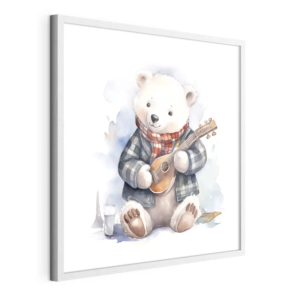 Poster L'ours polaire musicien en costume bleu à carreaux et écharpe rouge joue de la guitare illustration aquarelle pour enfants f39120