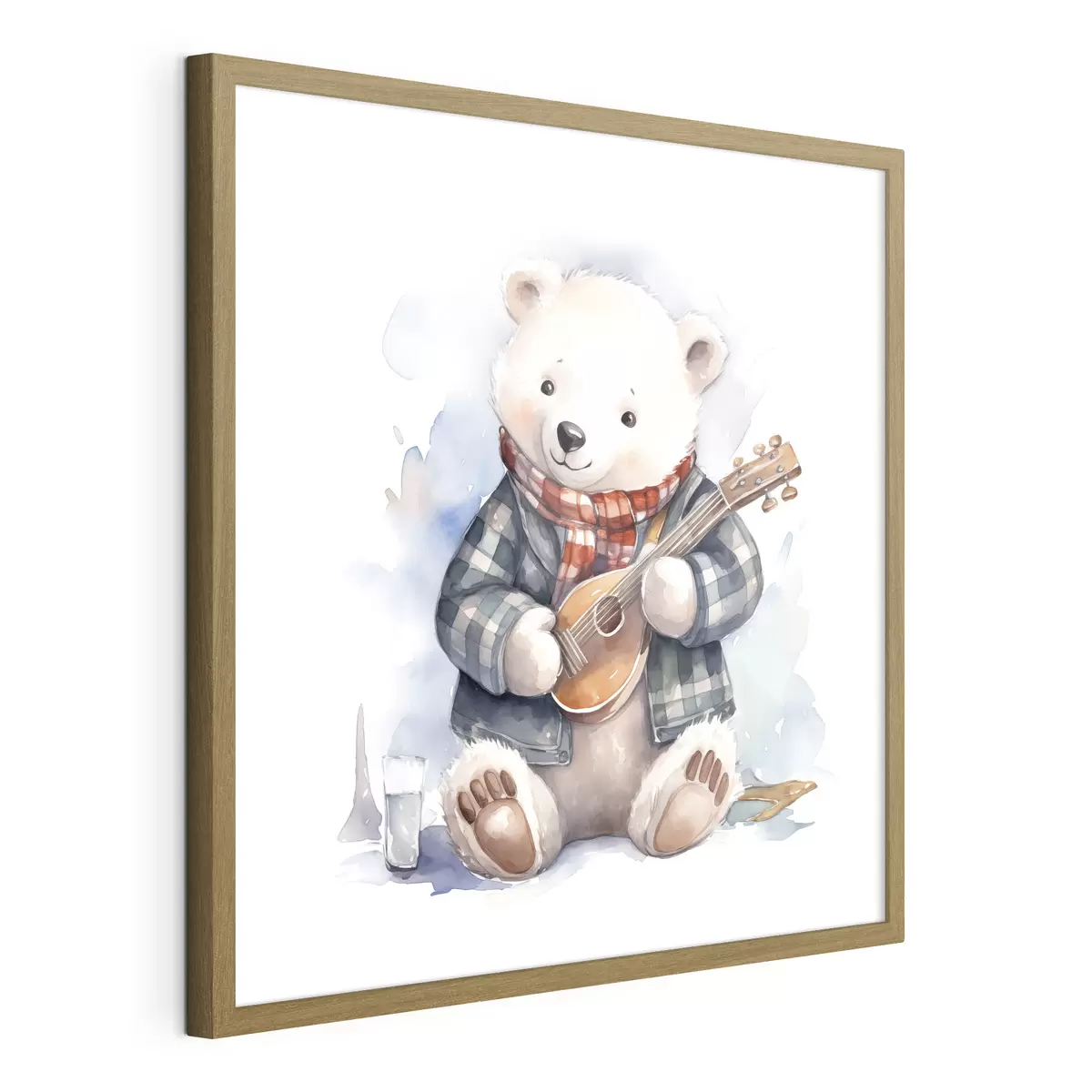 Poster L'ours polaire musicien en costume bleu à carreaux et écharpe rouge joue de la guitare illustration aquarelle pour enfants f39120
