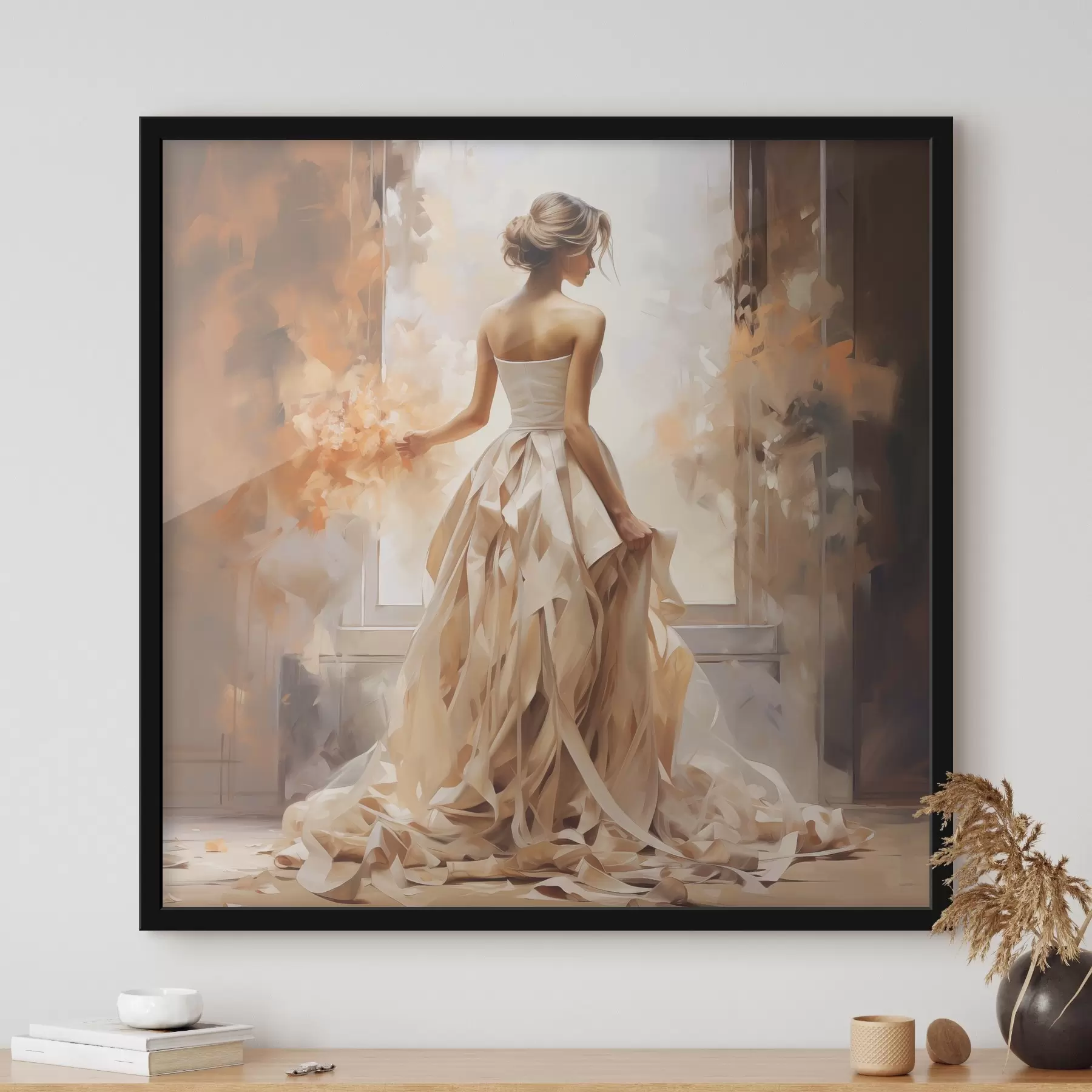 Papier peint Une jeune fille en robe de mariée blanche se tient près de la fenêtre, au milieu du feu, et peint à la main f39125