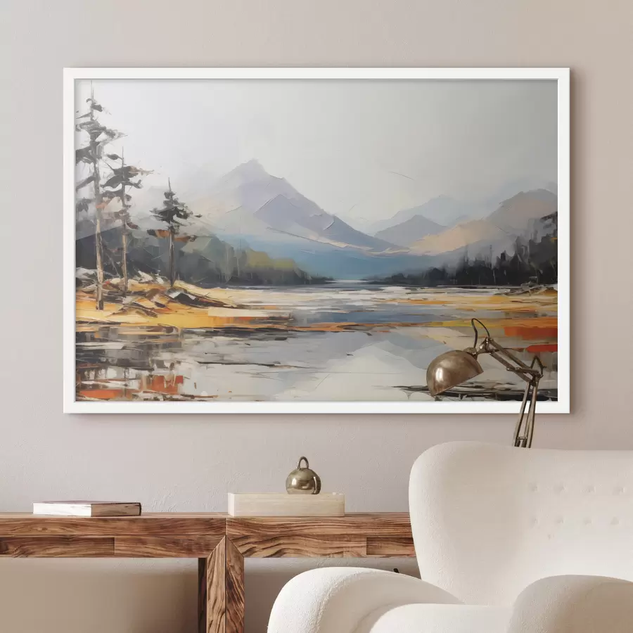 Papier peint Chaînes de montagnes dans la peinture à l'huile de la vallée, paysage, nature, bleu, couleur jaune blanc f39128