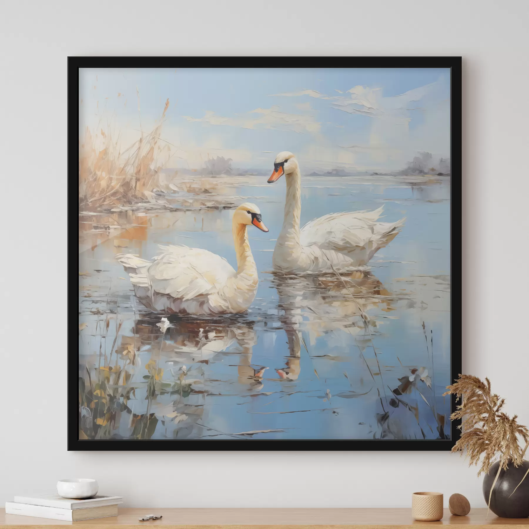 Tableau Les oies blanches nagent le long de la rivière parmi les roseaux, bleu, blanc, beige f39130