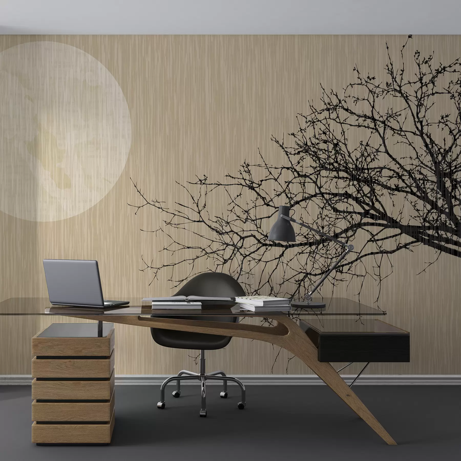 Papier peint Silhouette d'arbre et pleine lune sur fond marron w00934