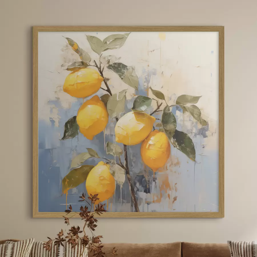Papier peint Branche avec citrons mûrs, peinture à l'huile, art abstrait, couleurs jaune, bleu et vert f39186