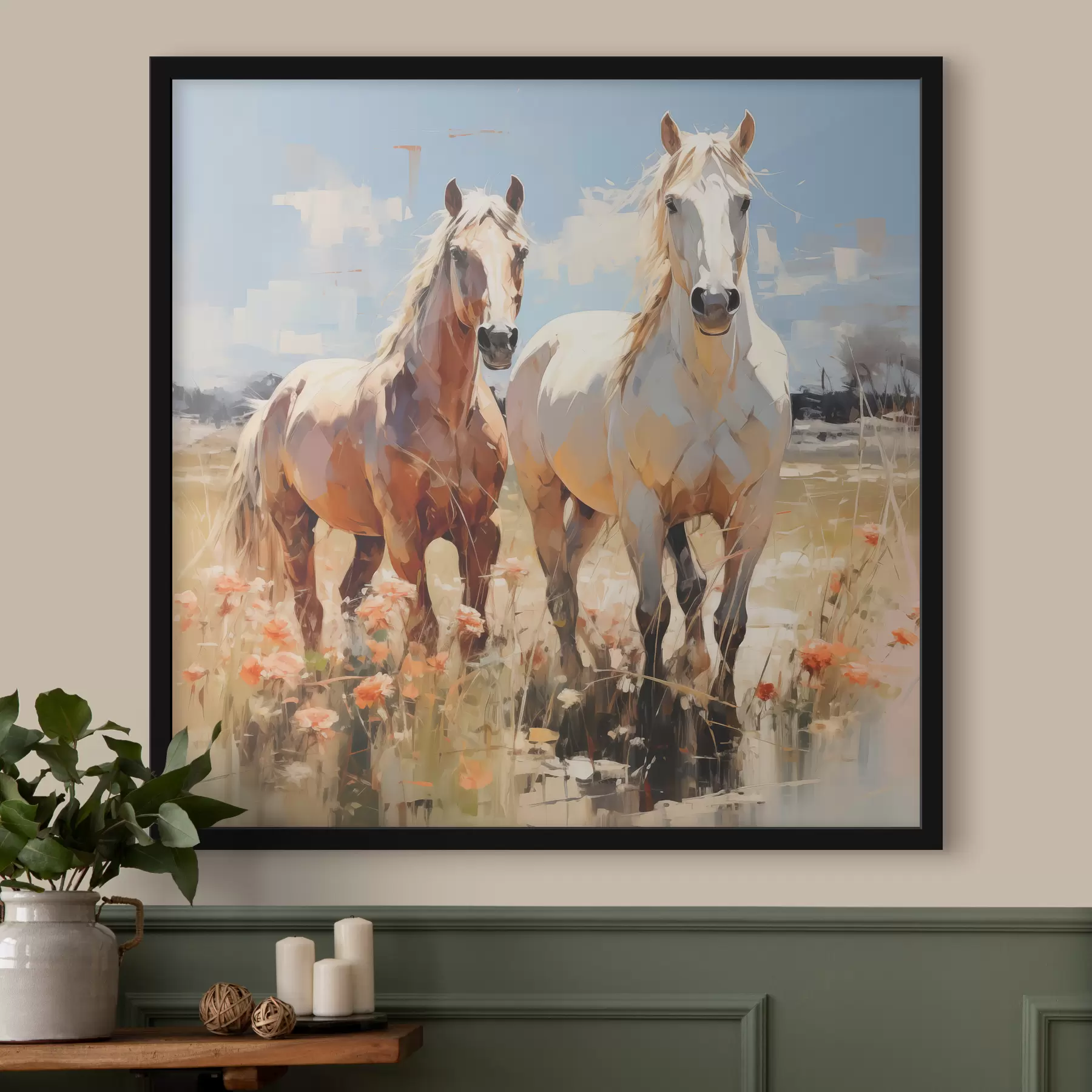 Tableau Des chevaux blancs et bruns broutent dans un pré parmi des fleurs sauvages, peinture à l'huile, art abstrait f39187