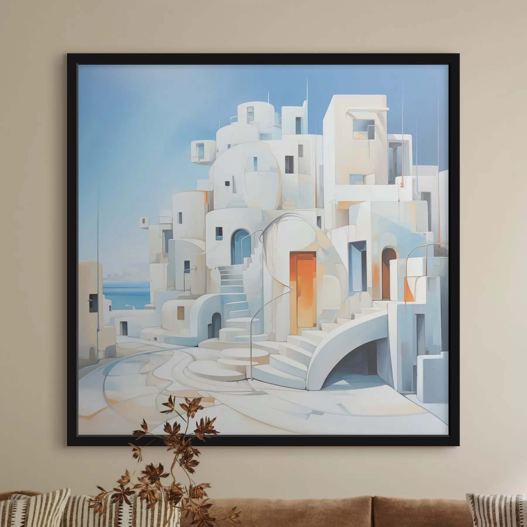 Papier peint Ville blanche abstraite au bord de la mer, architecture, bâtiment, couleur bleue f39188