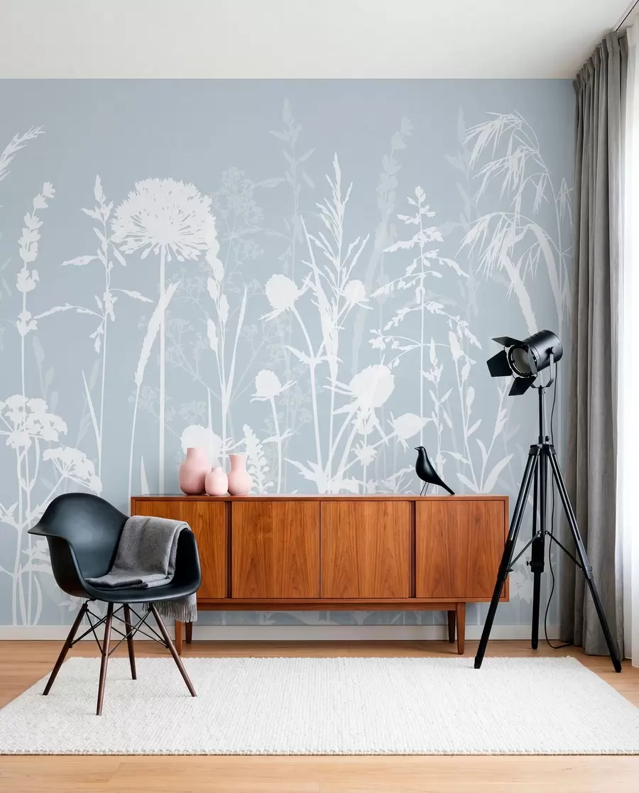 Papier peint Plantes et fleurs de champ douces couleur grise minimaliste w01270v4