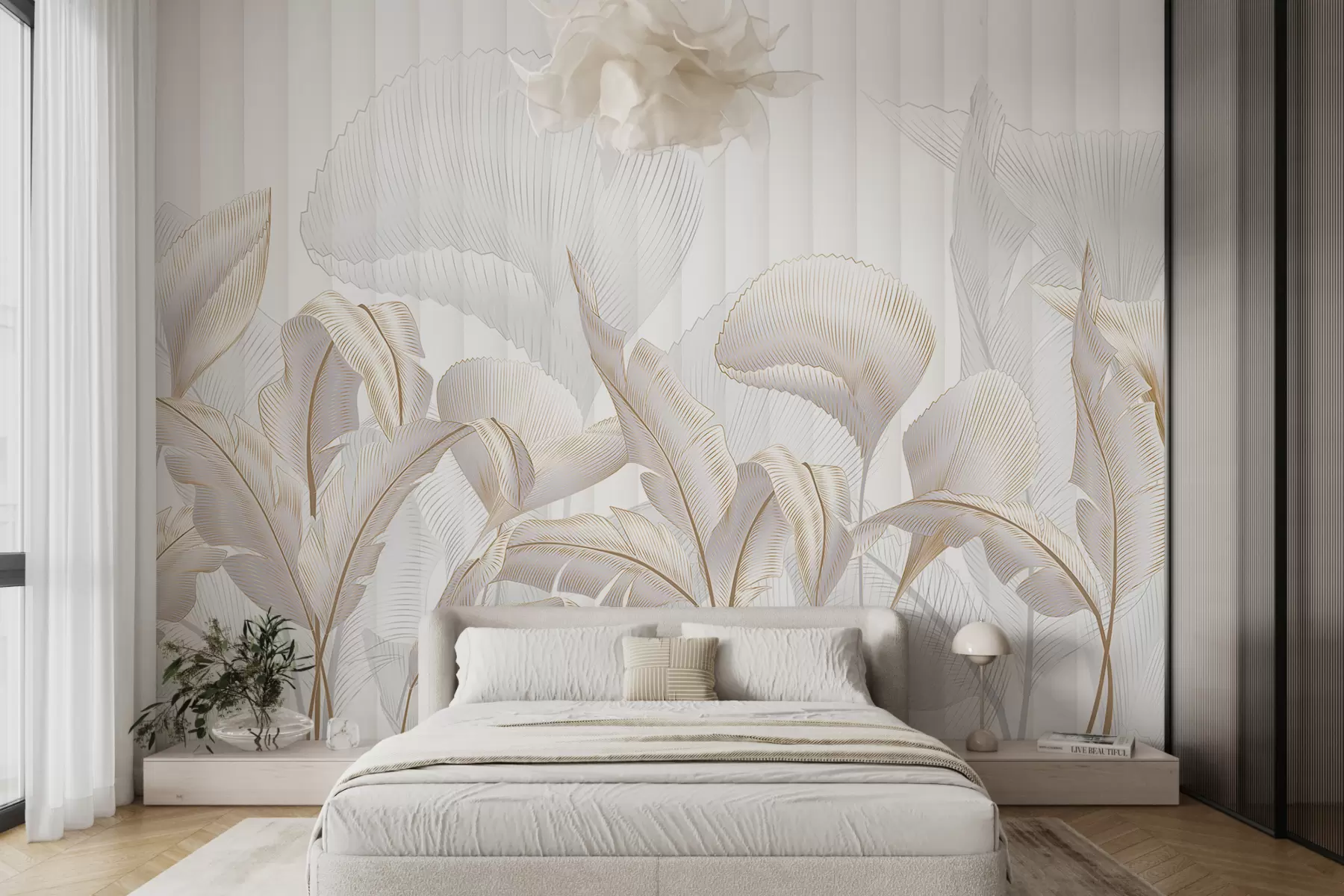 Papier peint Vue rapprochée de feuilles tropicales sur fond blanc, avec fond texturé w01237