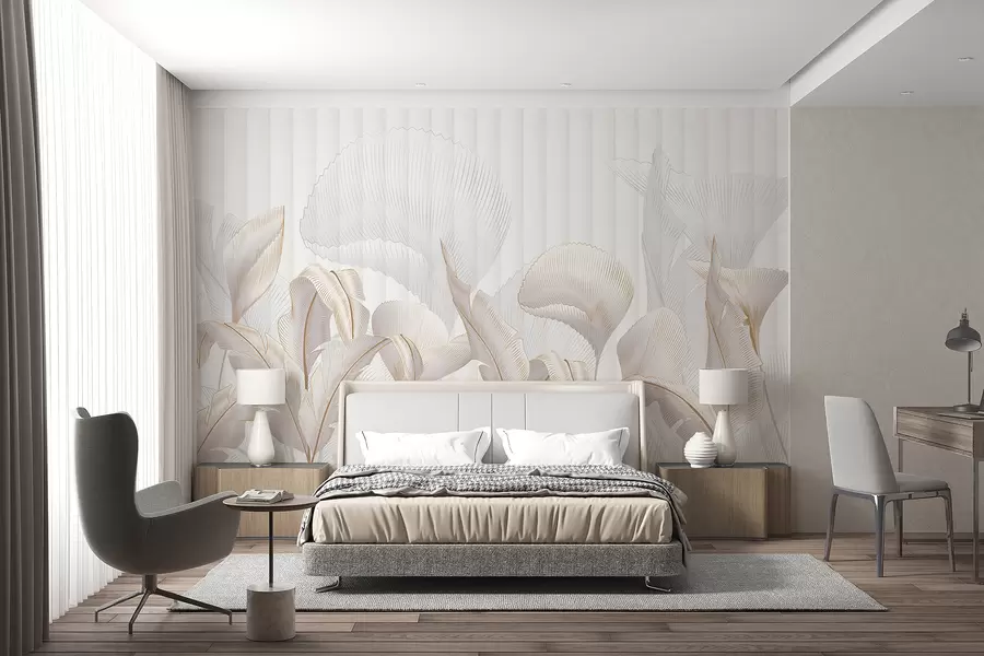 Papier peint Vue rapprochée de feuilles tropicales sur fond blanc, avec fond texturé w01237