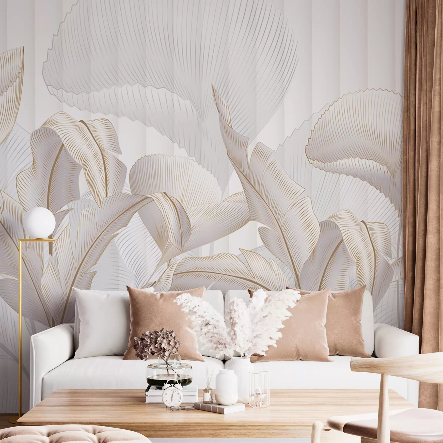 Papier peint Vue rapprochée de feuilles tropicales sur fond blanc, avec fond texturé w01237