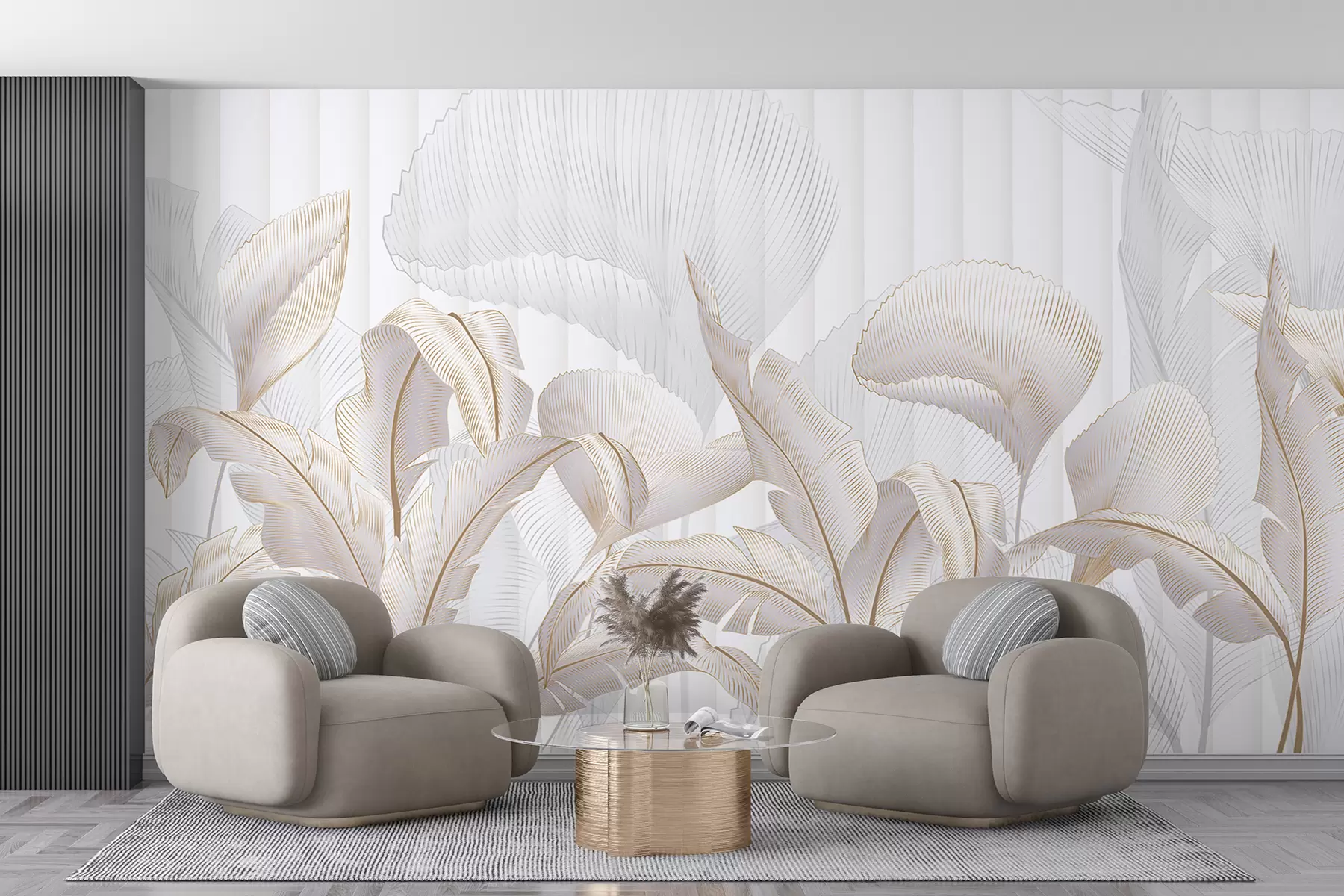 Papier peint Vue rapprochée de feuilles tropicales sur fond blanc, avec fond texturé w01237
