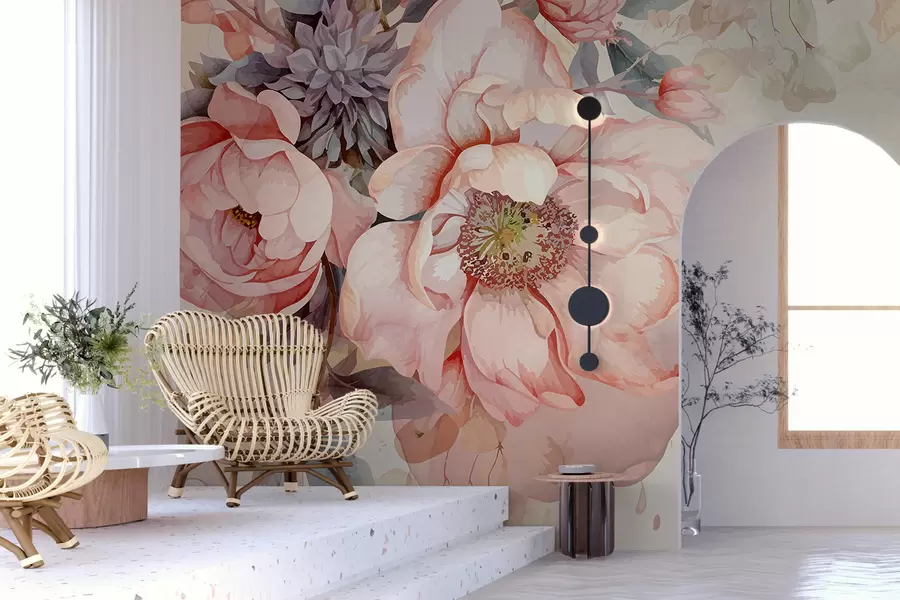Papier peint Pivoines roses aquarelles aux pétales délicats, entourées d'une verdure pastel luxuriante et d'autres fleurs  w01245