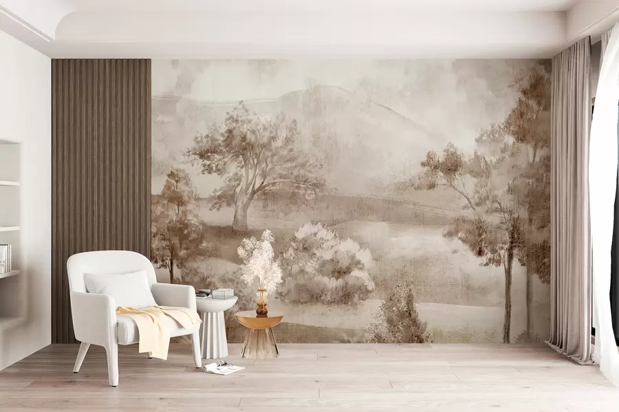 Papier peint Peinture de paysage représentant une scène de campagne brumeuse entourée d'arbres luxuriants et de feuillage dans des tons de brun w01247