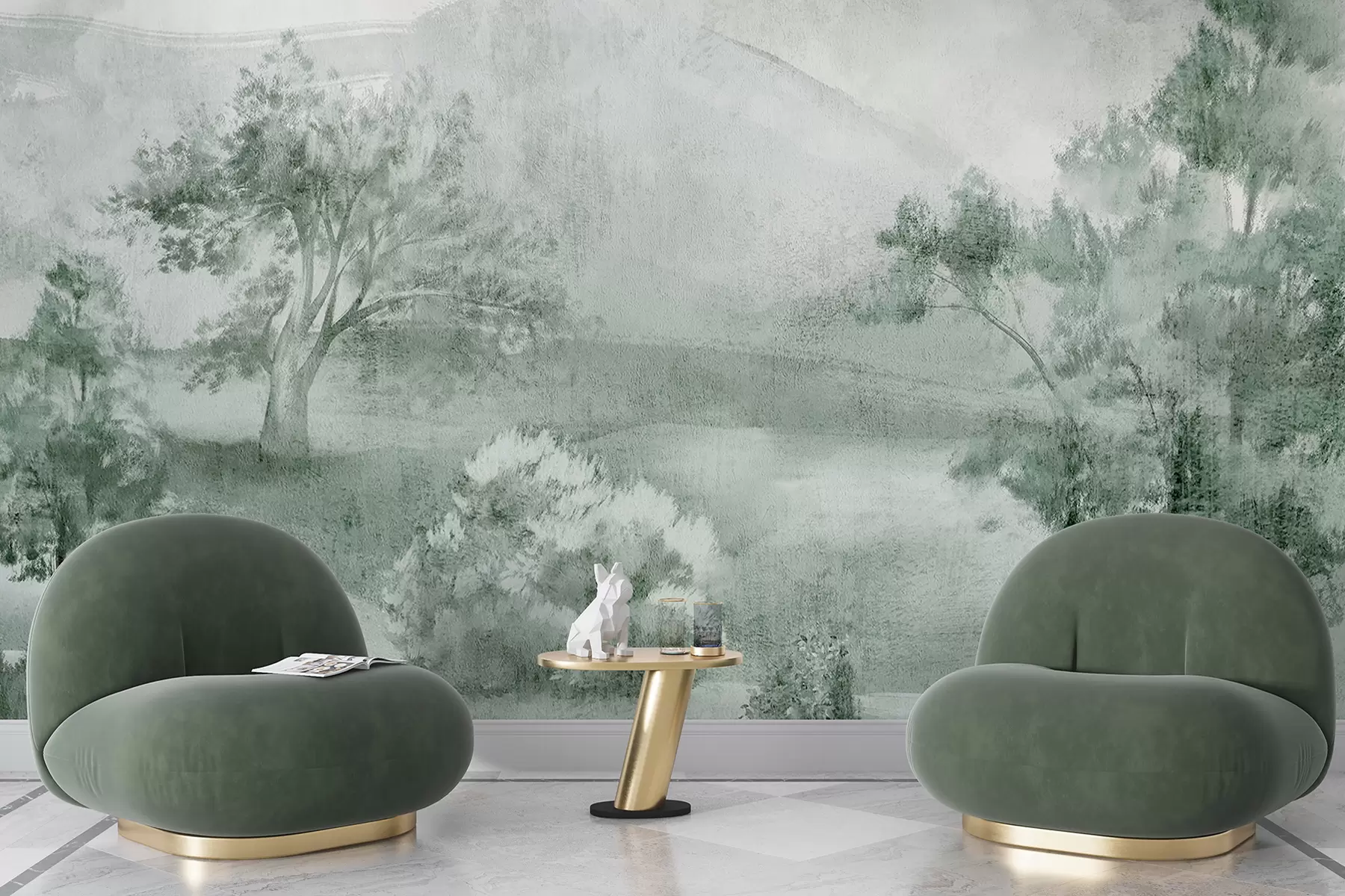 Papier peint Peinture de paysage représentant une scène de campagne brumeuse entourée d'arbres luxuriants et de feuillages dans des tons de bleu w01247v2