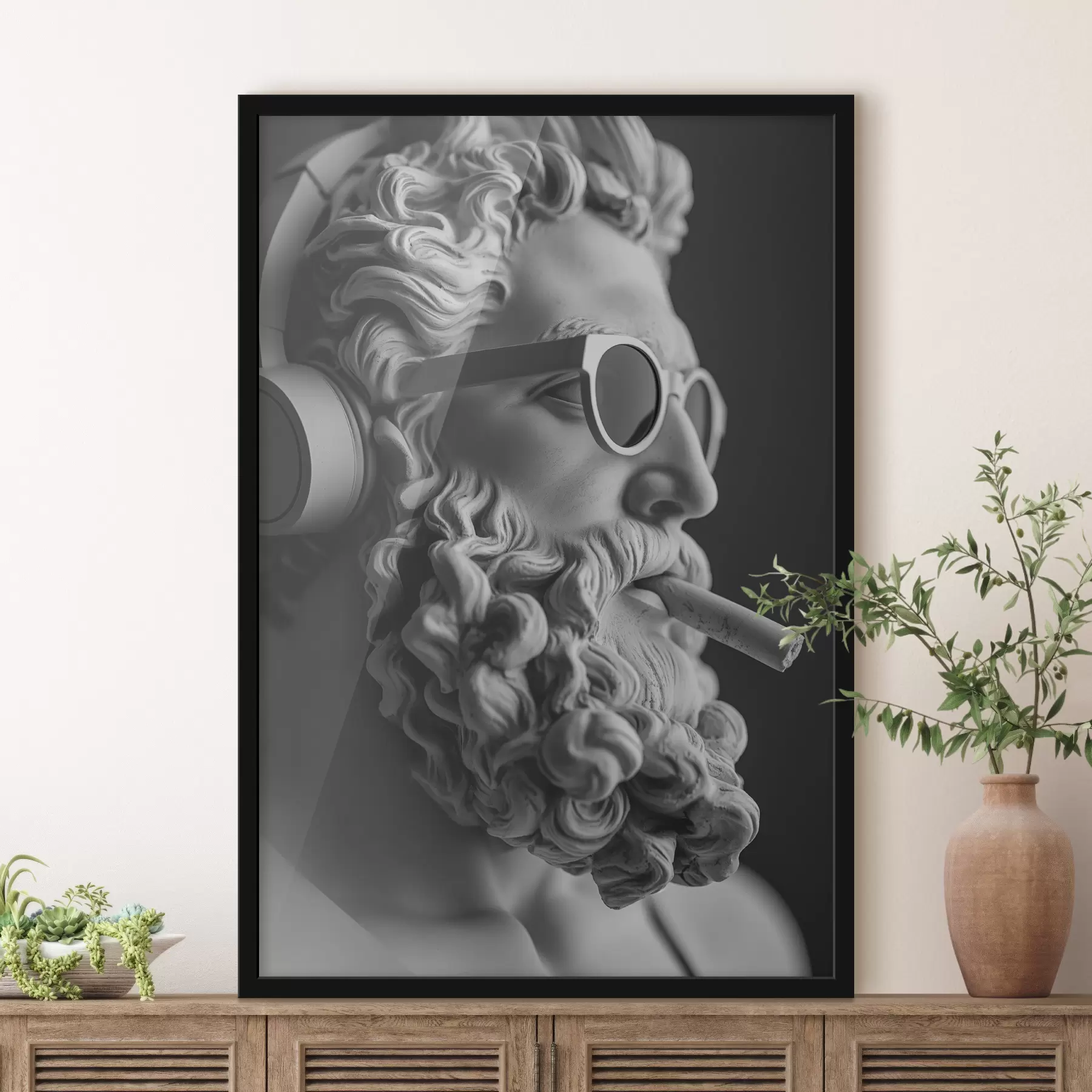 Tableau sculpture grecque ancienne de Zeus en noir et blanc dans un style moderne f26122